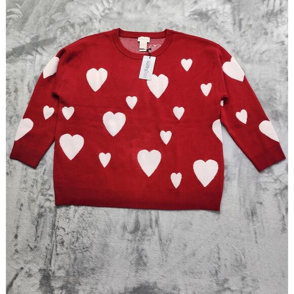 NEW Through The Country Door Fuzzy Hearts Crew Neck Sweater Size 2X Red White - Picture 1 of 9
